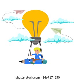 Illustration of businessman sitting on a balloon,researching ideas that go forward