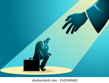 Illustration of a businessman sitting on suitcase sadly and hand reaching him from the light