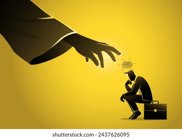 Illustration of a businessman sitting on suitcase sadly and hand reaching him from the light