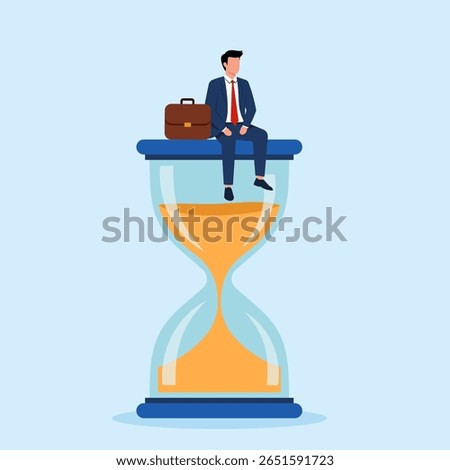 Illustration of a businessman sitting on top of an hourglass, symbolizing time management, deadlines, and the urgency of business.