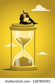 An illustration of a businessman sitting and thinking on hourglass