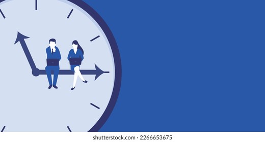 Illustration of businessman sitting and working on clock hands, copy space on right side, vector