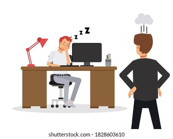 Ilustración de Empresario haciendo un trabajo de descanso, echarse una siesta. empleado durmiendo en el escritorio de la oficina. El gerente está enfadado cuando vio eso. Concepto de negocio de vectores