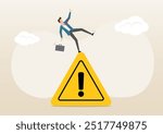 An illustration of businessman slip falling on exclamation symbol beware, careful caution sign. Mistake caution, business risk or problem warning, failure prevention or avoid danger concept