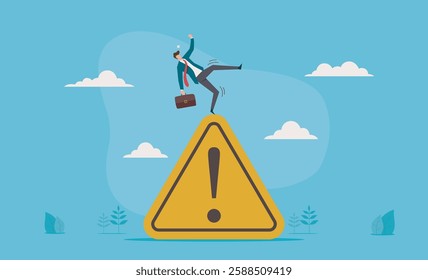 An illustration of businessman slip falling on exclamation symbol beware, careful caution sign. Mistake caution, business risk or problem warning, failure prevention or avoid danger concept