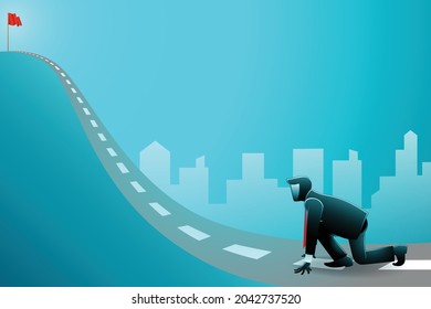 Illustration of businessman in sprint start position ready to reach a flag in the top of road