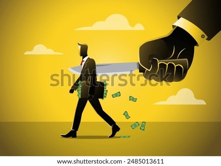An illustration of businessman stabbed in the back by a large knife. An enemy disguised as a friend. The traitor