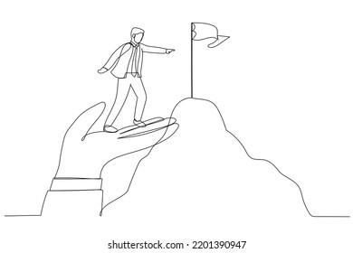 Illustration of businessman stand on giant helping hand to reach mountain peak target flag.  Metaphor for coaching. One continuous line art style
