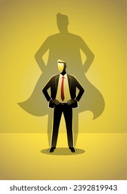 An illustration of a businessman standing both hand around waist with superhero shadow