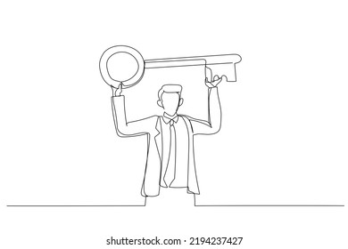 Illustration of businessman standing carry big key in raised over head. Metaphor for having strategic key ideas. One line art style
