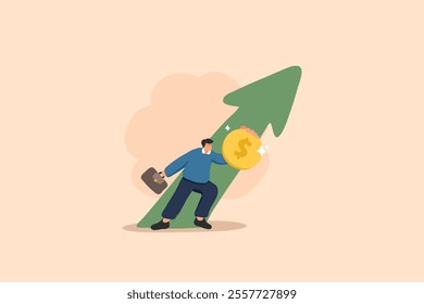 An illustration of a businessman standing confidently beside a rising arrow, symbolizing career and financial growth, while holding a gold dollar coin. The vibrant style conveys success and ambition.