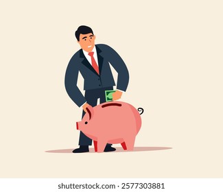 Illustration of a businessman standing and inserting money into a pink piggy bank, representing savings, wealth management, and business finance concepts