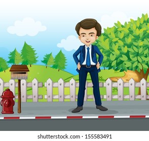 Illustration of a businessman standing near the wooden mailbox