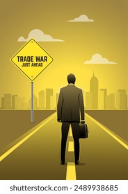 An illustration of a businessman standing next to the street looking up at business trade war signage road and American tariffs or economic crisis based on global industry dispute