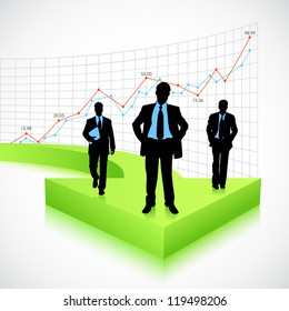 illustration of businessman standing on arrow with graph background