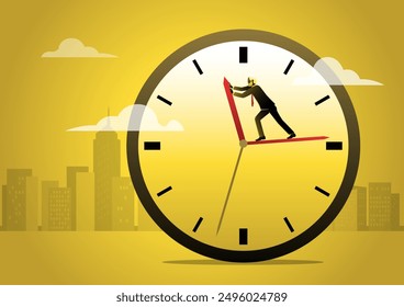 An illustration of businessman standing on clock hour hand manage to push back minute hand to turn back time. Turn back time to change or fix mistake. Deadline concept