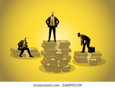 An illustration of a businessman standing on higher stack of money than other businessmen