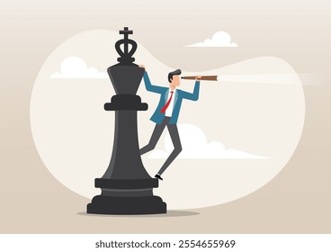 An illustration of businessman standing on king chess piece using telescope to see business vision. Business planning strategy, leadership vision to make decision, business opportunity concept