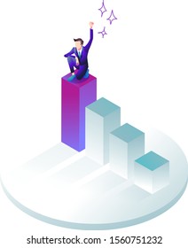 Illustration of businessman standing on low bar graph. Image of bad business results, bankruptcy, failure.