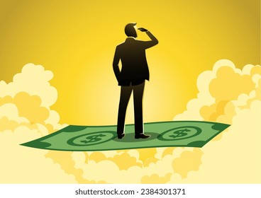 An illustration of a businessman standing on money flying carpet watching the front
