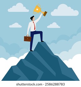 Illustration of a businessman standing on a mountaintop holding a golden trophy to represent victory, symbolizing success.