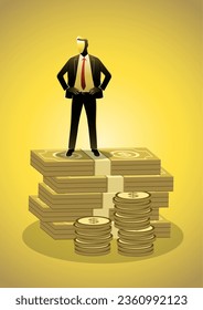 An illustration of a businessman standing on a pile of money with both hand around waist view from the front