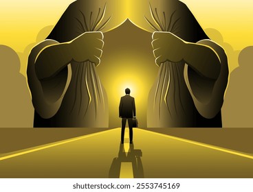 An illustration of a businessman standing on the road facing Jesus open his robe and show him the way of truth