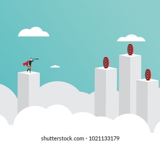 illustration of businessman standing on top of pillars and use telescope looking for target to success cartoon business vector