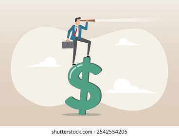 Ilustração de um homem de negócios de pé no sinal de dinheiro em dólares usando o telescópio para ver a previsão do futuro. Visão do conceito de economia ou financeiro global, oportunidade de negócios ou previsão de investimento