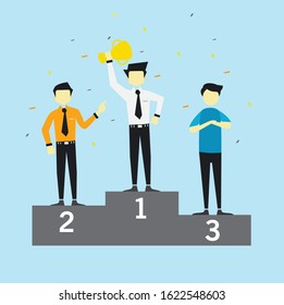 Illustration of Businessman Standing Together on Podium by Holding a Trophy