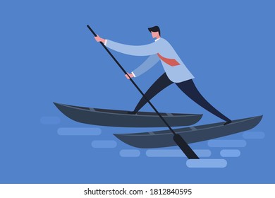 Illustration of a businessman standing in two boats and rowing. Concept for bad decision making