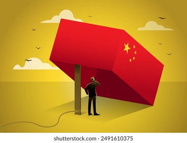 Die Illustration eines Geschäftsmannes, der unter einer Falle steht und die angespannte Beziehung zwischen Amerika und China aufgrund des Handelskrieges darstellt.