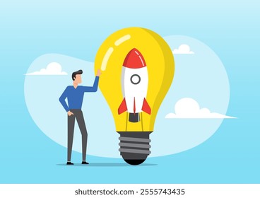 An illustration of businessman start up company owner standing with innovative rocket inside lightbulb idea. Entrepreneurship, motivation to create new business idea and make it success concept