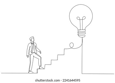 Ilustración de un empresario que empieza a caminar por la línea eléctrica como escalera hacia una gran bombilla de ideas. Creatividad para los negocios. Estilo de arte de una sola línea
