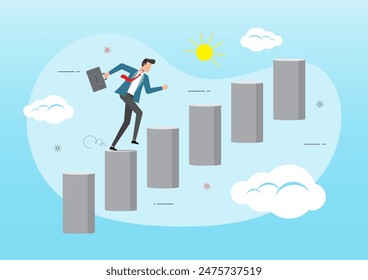 An illustration of Businessman step up growing bar graph stairs. Concept of development or business growth.