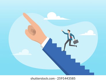 An illustration of a businessman stepping up a staircase with a leader pointing hand. Success step, leadership, motivation and determination to grow and success, stairway to achieve target concept