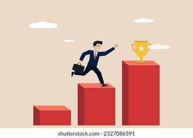 Illustration of a businessman stepping through a chart to get to the end of success getting a trophy. Illustration of successful businessman.