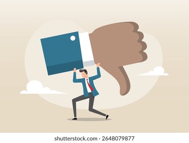 Ilustração de um homem de negócios se esforçando enquanto ele luta para carregar um ícone pesado de polegares para baixo em seus ombros. O símbolo negativo representa o peso de esmagamento de falha, rejeição ou desaprovação