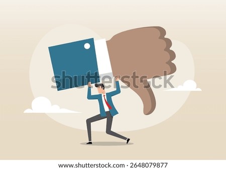An illustration of a businessman straining as he struggles to carry a heavy thumbs-down icon on his shoulders. The negative symbol represents the crushing weight of failure, rejection, or disapproval