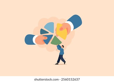 An illustration of a businessman struggling to hold his portion of a pie chart, while two larger hands firmly take bigger slices. This represents inequality, income gaps, distribution of wealth.