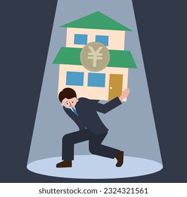 The illustration of a businessman struggling with a mortgage loan.