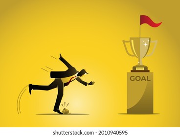 An illustration of a Businessman stumbles close to the goal on yellow background