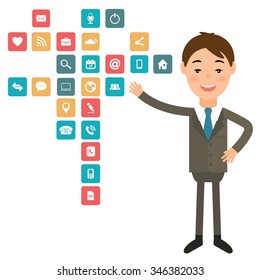 Illustration of a businessman in the style of  flat design makes presentation. Vector