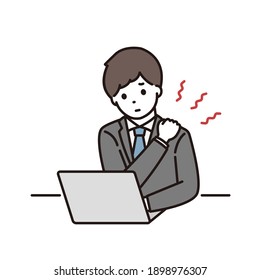 Illustration of a businessman suffering from stiff shoulders in front of a laptop