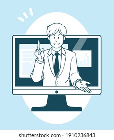 Illustration of a businessman in a suit explaining something online