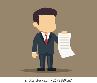 Illustration of a businessman in a suit holding a signed contract or document, symbolizing agreement, business deals, or formal negotiations