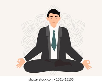 illustration businessman in a suit sits in a lotus position and meditate on white background
