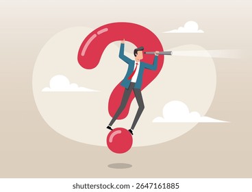 An illustration of a businessman in a suit standing and balancing atop a large, red question mark. Symbolizing exploration and seeking answers