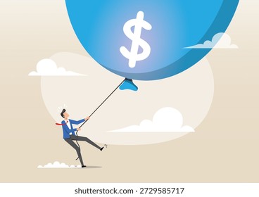 Una ilustración de un hombre de negocios en traje esforzándose para tirar hacia abajo de un globo azul masivo con un signo de dólar blanco. Una metáfora para controlar la inflación o manejar los crecientes costos