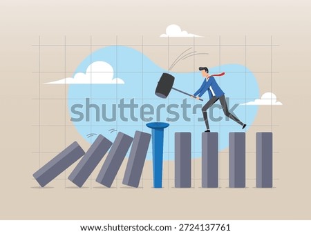 An illustration of a businessman in a suit using a large mallet to drive a blue nail into the path of falling domino blocks represents risk management, crisis intervention, and business continuity planning.